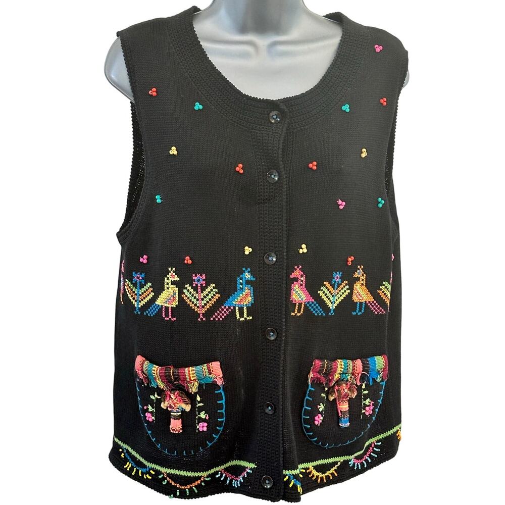 Sharon Young Vintage Cross Stitch & Beaded Black Woven Vest Women's Size Medium